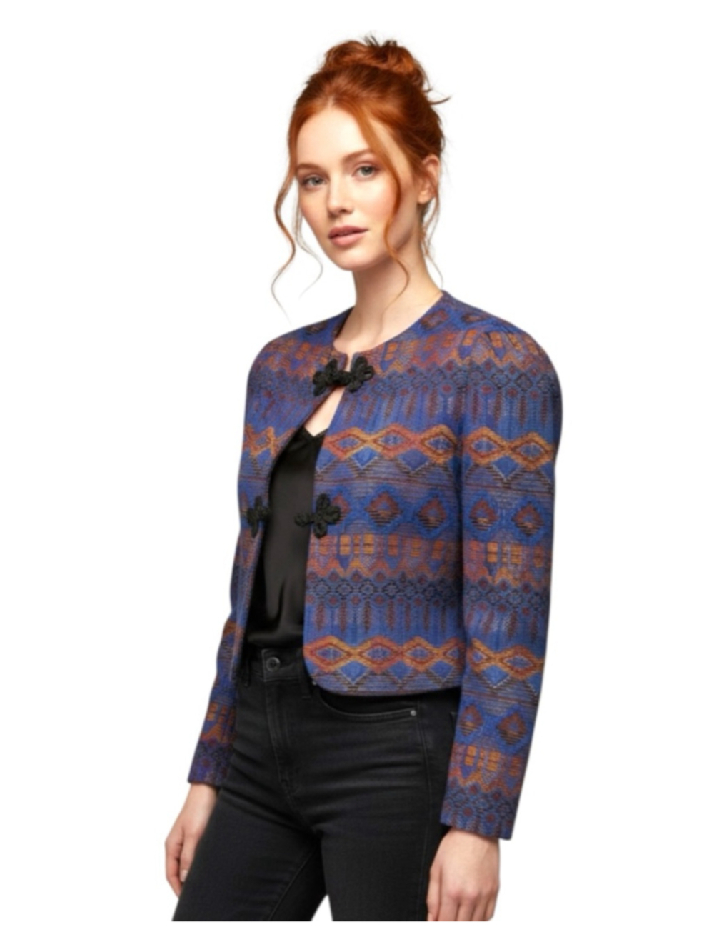 Vintage 80s Blue Copper Jacquard Cropped Evening Jacket,M, Frog Closure Boutique